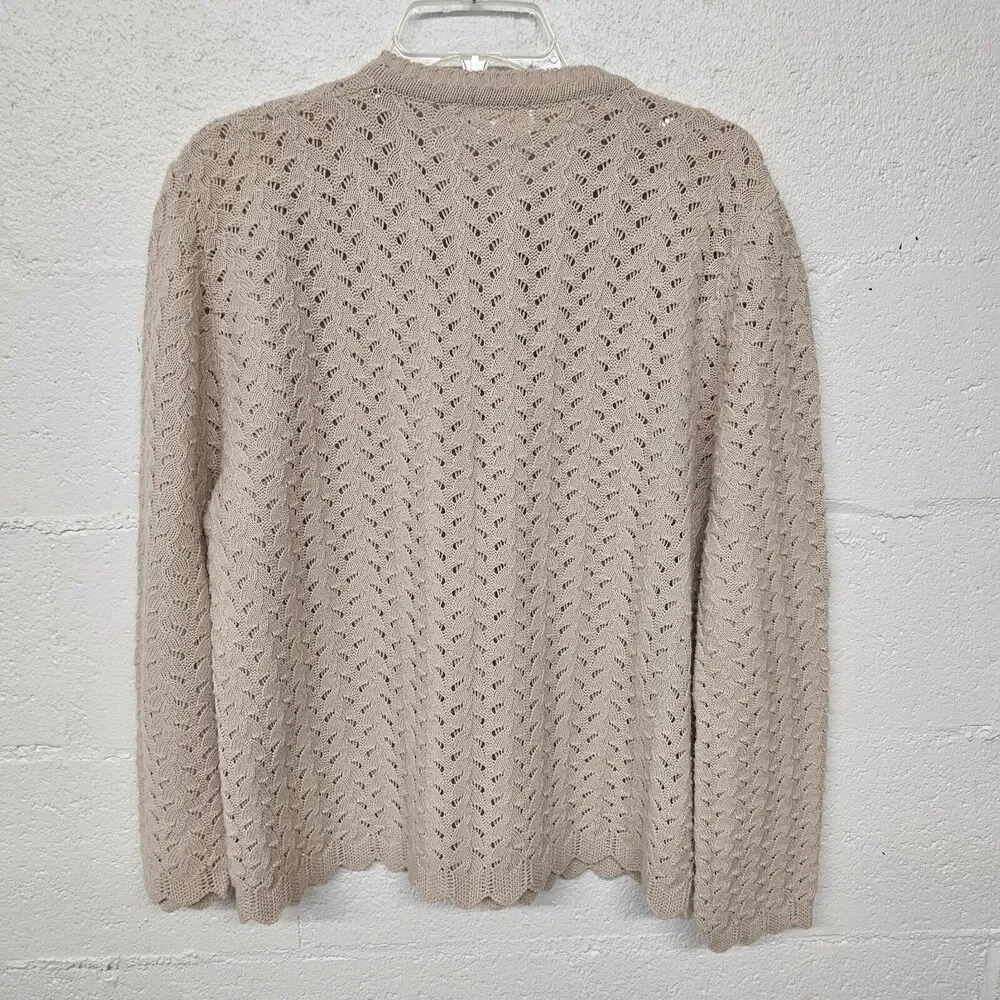 Vintage Wintuk Medium Cardigan Womens Beige Open Knit Eyelet Lightweight Grandma